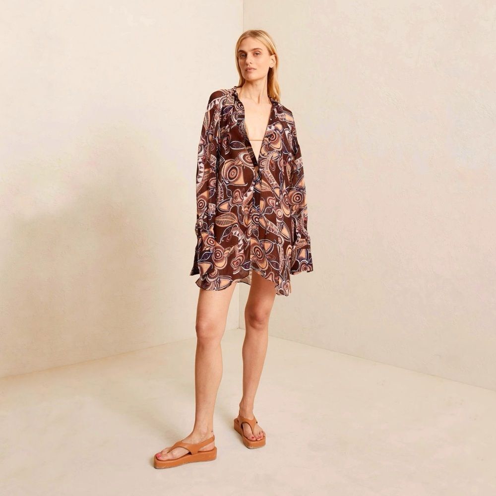 A.L.C. Paulina Printed Gauze Mini Shirt Dress in Red Blue Size Small XS